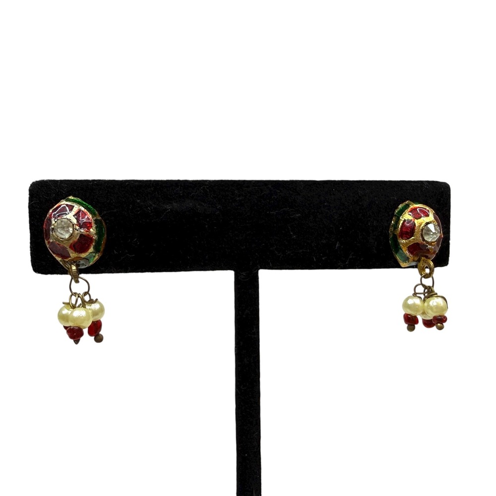 Vintage Gold Tone Enamel Pearl Drop Dangle Earrings Colorful Jewelry 7/8 in